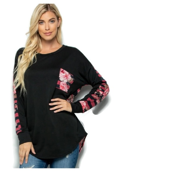 Floral Contrast Long Sleeve Top w/ Front Pocket - Picture 7 of 8